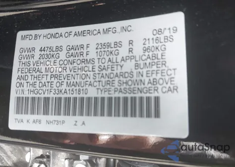 2019 Honda Accord Sport from USA, damaged, VIN 1HGCV1F33KA151810